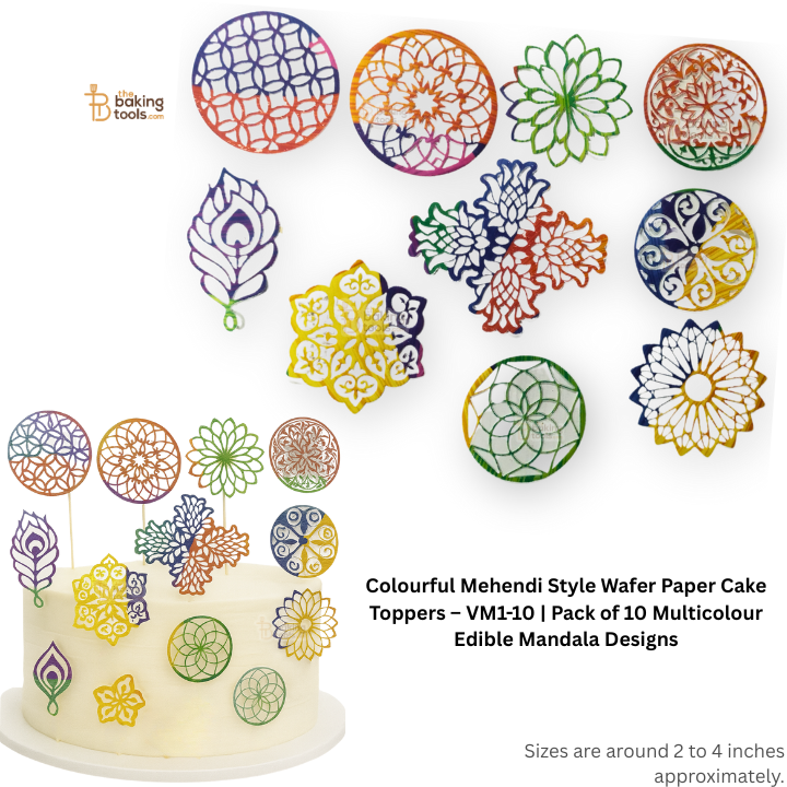 Colourful Mehendi Style Wafer Paper Cake Toppers – VM1-10 | Pack of 10 Multicolour Edible Mandala Designs